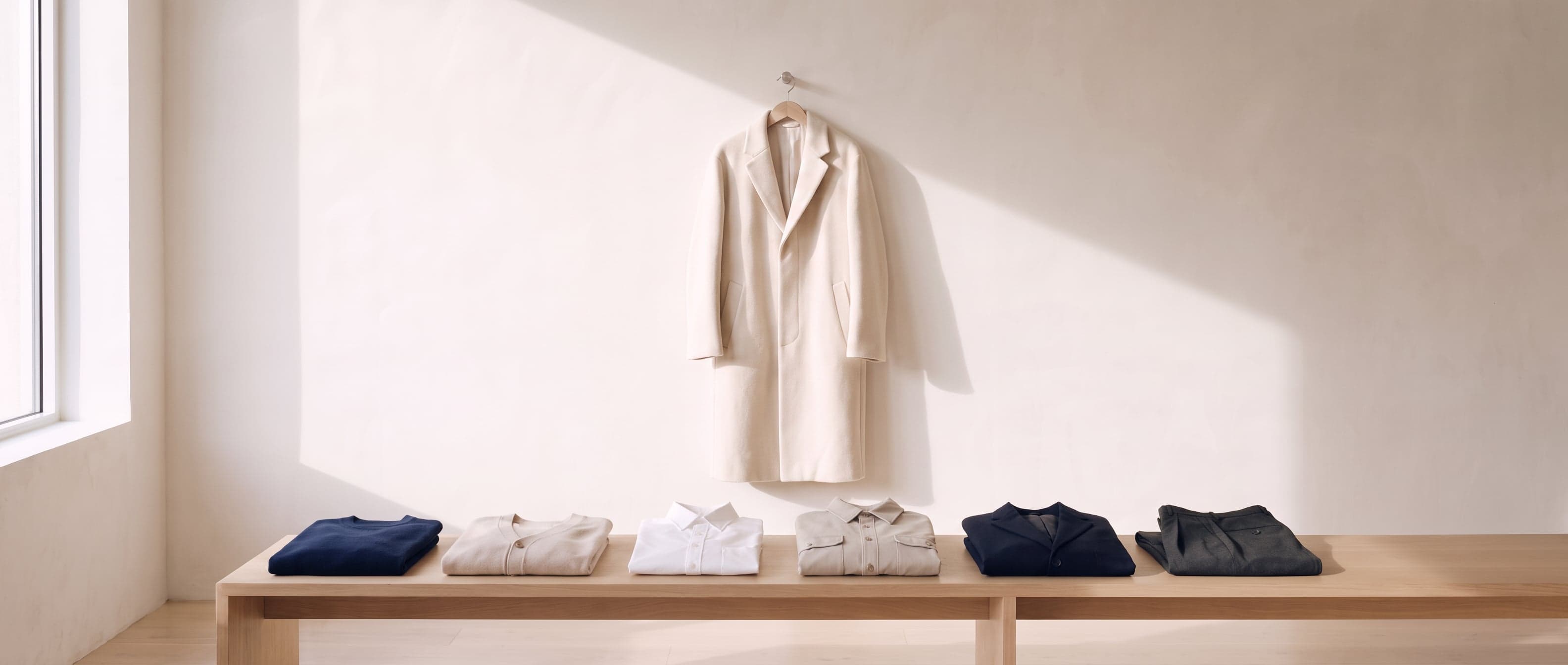 Folded garments in a row on a long oak bench, with an ecru coat hanging above, in a bright studio.