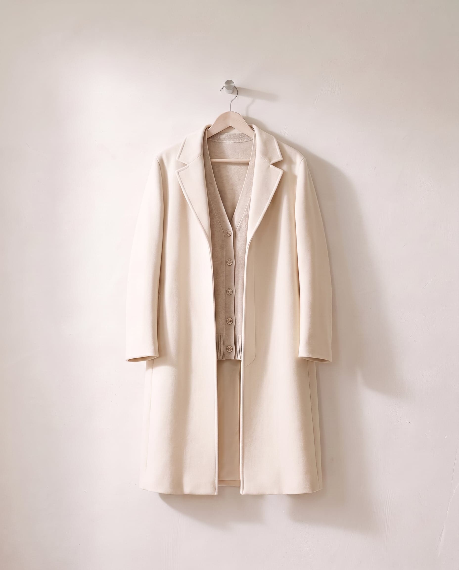 An ecru long coat over an oatmeal cardigan on one wooden hanger, against a white plaster wall.