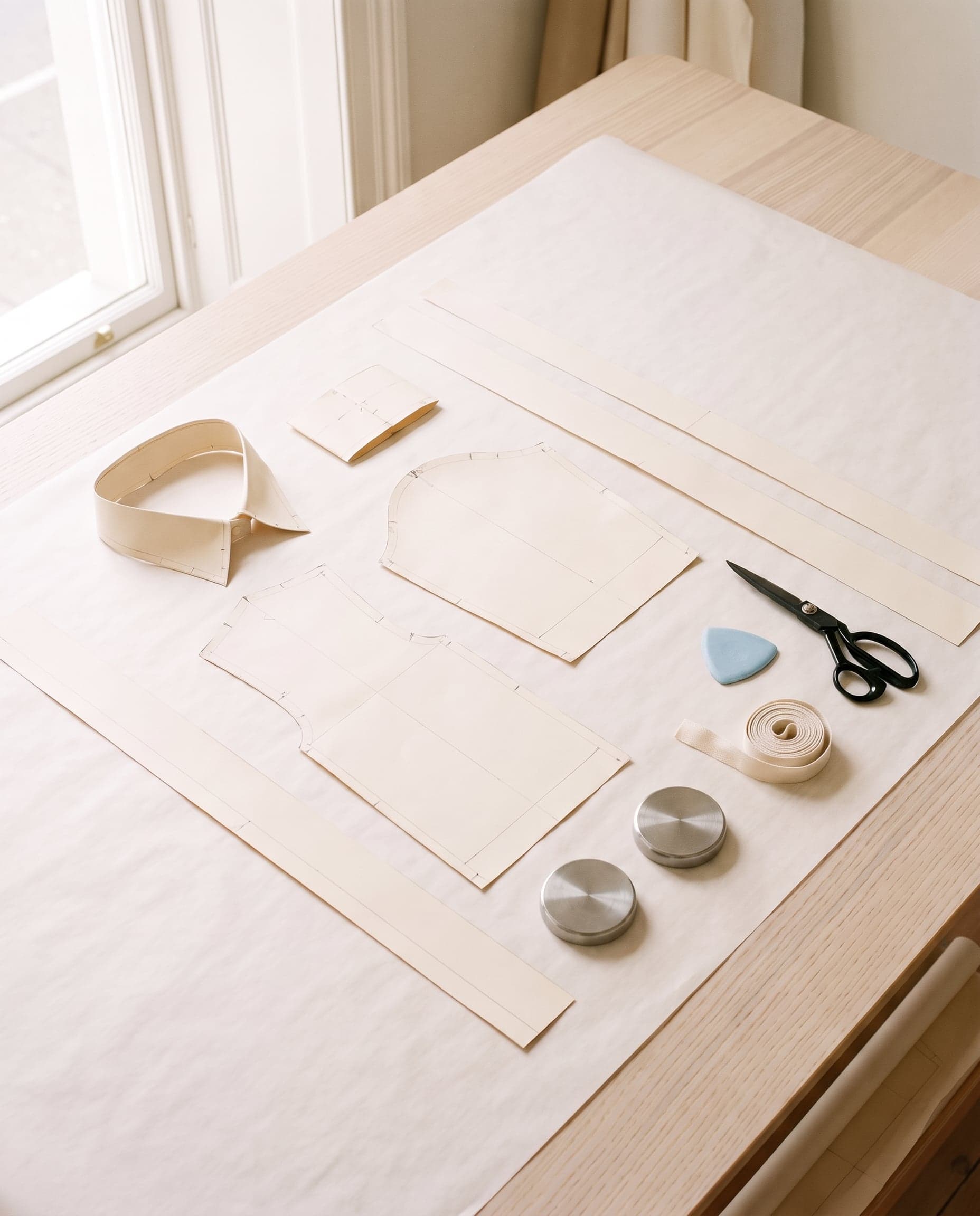 Paper pattern pieces, shears and tailor's chalk on a cutting table.