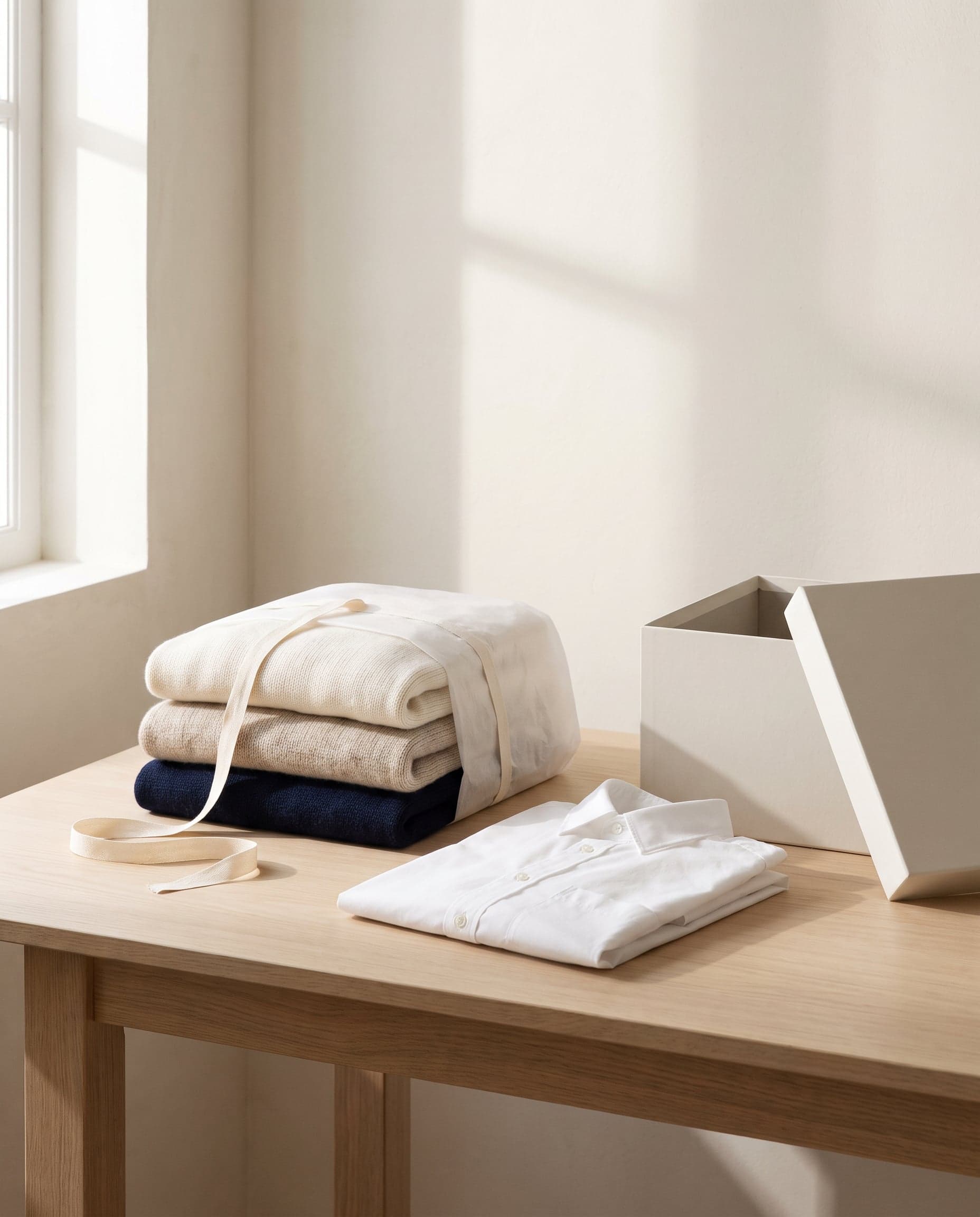 Folded knitwear and a white shirt in tissue paper beside a plain garment box.