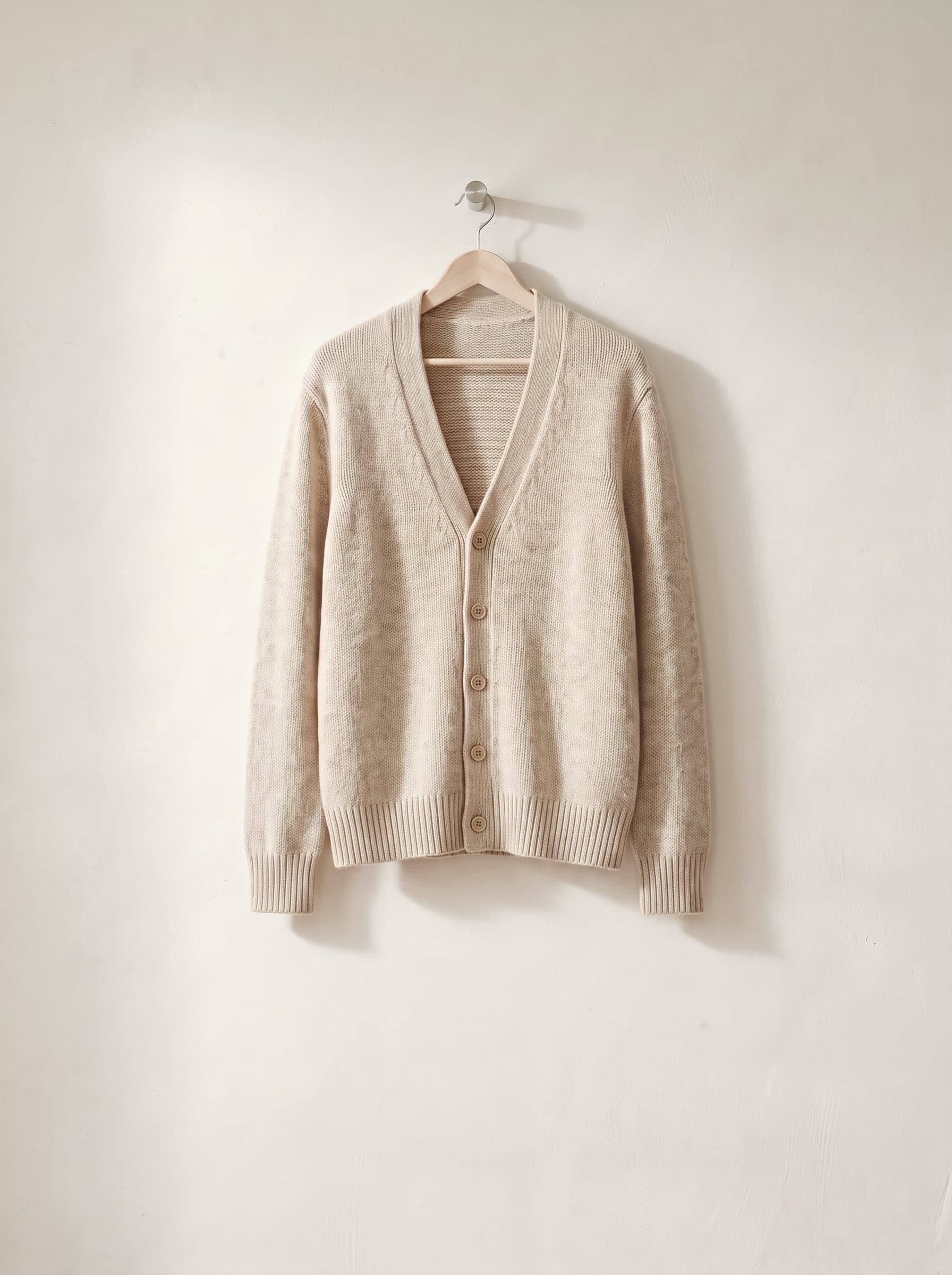 Oatmeal knit cardigan folded over a wooden hanger.