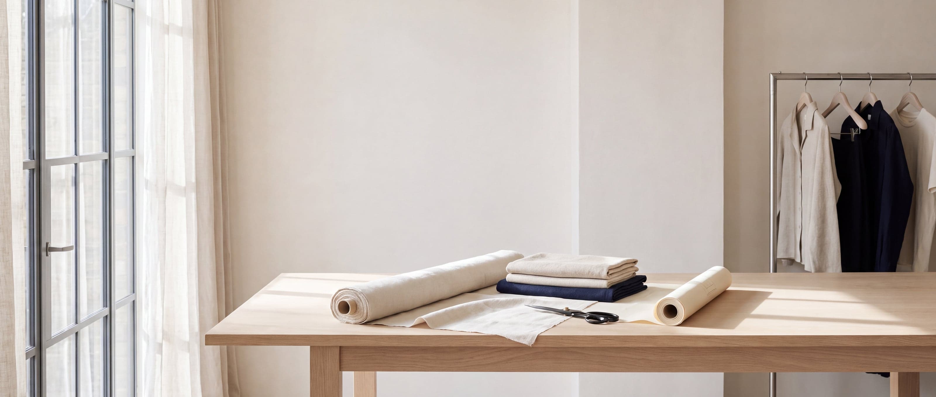 A long cutting table with linen, folded fabric and shears in a daylit studio.